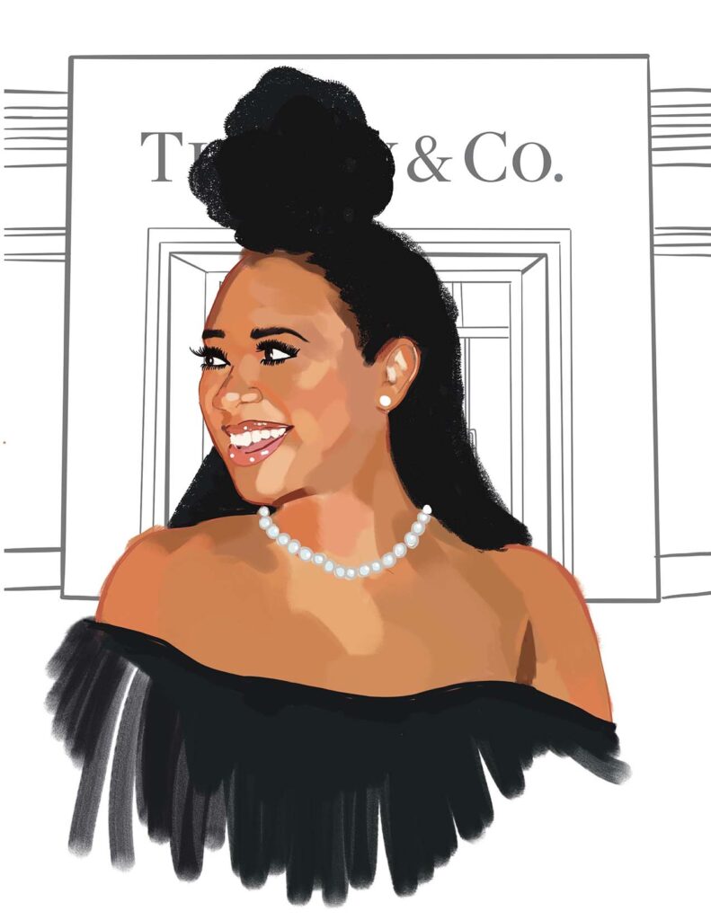 This is an Iillustration of an Afro-American woman a Tiffany & Co client wearing pearls illustrated by Latina Illustraor Lucia Diaz. Its a Valentines day Brand activation that is one of a kind for your clients. How to land a Brand Partnership as an Artist?