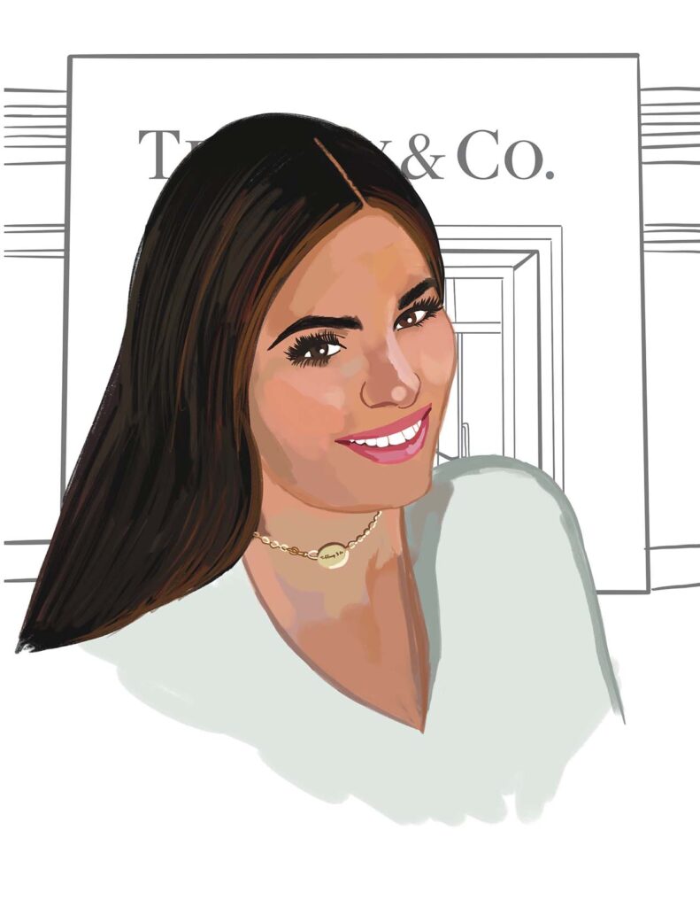 This is an Iillustration of an Latina a Tiffany & Co client wearing Tifany & Co Necklace illustrated by Latina Illustraor Lucia Diaz. Its a Valentines day Brand activation that is one of a kind for your clients. How to land a Brand Collaboration as an Artist?